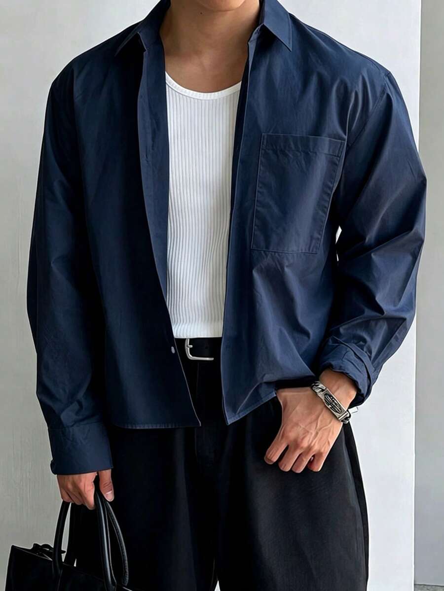 Men's Spring/Autumn Loose Short Casual Daily Office Commute Minimalist Versatile Solid Color Long Sleeve Shirt - Navy Blue - View 1
