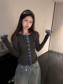 秋季新款女款韓式寬鬆2合1拼色拼接單排扣長袖防曬薄款開襟衫 - 深灰色 - 查看 3