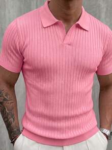 Camisa polo de manga corta de punto acanalado clásico para hombre, unicolor, perfecta para salidas de verano, esencial de moda - Rosa - Ver 11