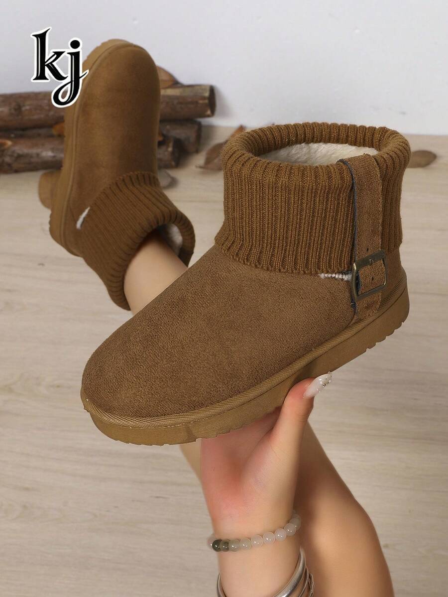 Women's Warm Fleece Short Snow Boots, Ribbed Knit Cuff With Metal Buckle Decor, Non-Slip Ankle-High Boots, Winter Casual Outdoor Walking Mid-Calf Boots - Brown - View 1