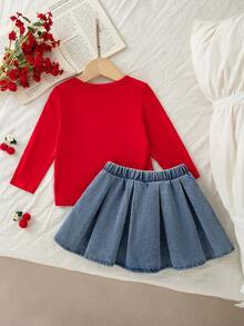 Autumn/Winter Cute Red American Style Bow Long Sleeve Round Neck Top & Ribbon Bow Denim Pleated Skirt Commuter Chic Set - Red - View 2