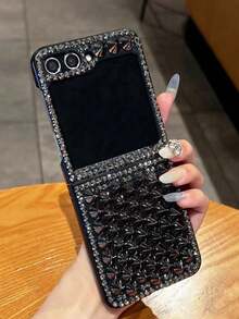 1pc Punk Style Rivet Rhinestone Phone Case Compatible With Samsung Z Flip8 Z Flip6 Flip5 Flip4 3 Fashionable Folding Phone Protective Cover - Black - View 2