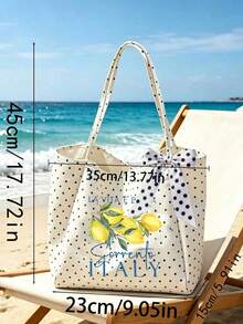 "Lemon Sorrento Italy" Pattern White Polka Dot Beach Tote Bag Set With Bow Ribbon, Large Capacity Foldable, Can Be Used As Shopping Bag, Travel Bag, Commuter Bag, Ideal For Beach Trips, Pool Parties, Shopping And Daily Use, Suitable For Women, Travelers And Beach Lovers, Perfect For Spring Break, Easter, Vacation And Gifts, Can Be Used As Beach Bag, Shopping Bag And Travel Companion - Multicolor - View 12