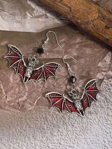 Vintage Gothic European American Halloween Purple Bat Quirky Gemstone Dark Beaded Retro Punk Gothic Bat Jewelry Pendant Earrings, Y2K Earrings, Bohemian Style - Red - View 4