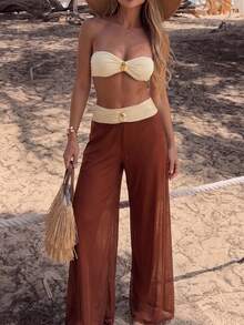 HaiiMeid Women's Metallic Bandeau Bikini Set, Includes Mesh Shorts, 3 PiecesBikini Set, Suitable For Summer Beach Vacation - Camel - View 8