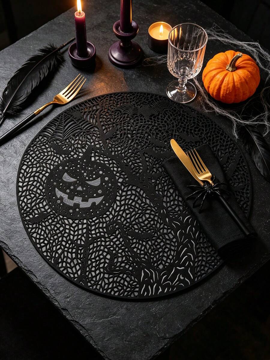 1/4/6pcs Halloween Bat & Pumpkin PVC Gold Foil Placemats, Heat-Resistant Non-Slip Table Mats For Hotel Restaurant Decor, Western Style Table Mats Suitable For Wedding Party, Valentine's Day, Halloween, Autumn Harvest Festival, Holiday Celebration, Picnic Camping, Birthday Banquet Table Decoration - Multicolor - View 1