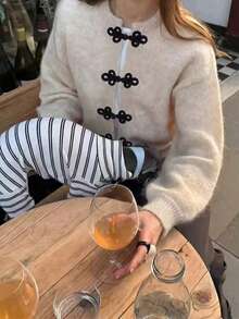 MORI Fall Winter Y2K Elegant Casual Beige Frog Button Fuzzy Knit Cardigan Tops Women Going Out Party Vacation Concert Outfits - Rice Apricot - View 8