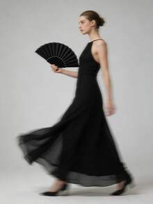 1 pieza Abanico de mano plegable de plástico de unicolor, accesorio para fiesta, banquete y boda - Negro - Ver 4