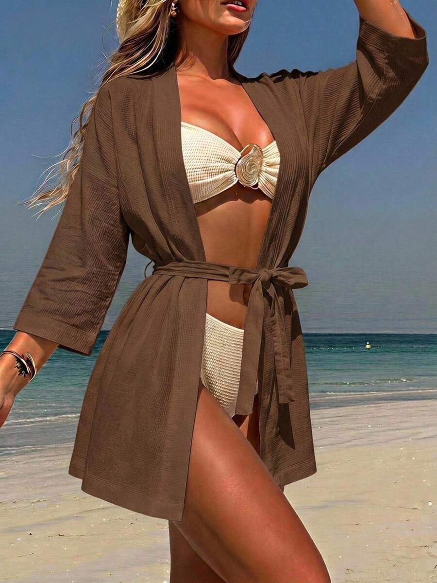 كارديجان نسائي من قماش انسيابي مع ربطة خصر - قهوة بني - مشاهدة 1