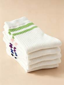 5 Pairs Women's Striped Ribbed Mid-Calf Socks, Classic Dual-Tone Striped Mid-Calf Socks, Soft Knitted Casual Daily Student Socks, Retro Collegiate Style Sports Socks - Multicolor - View 3