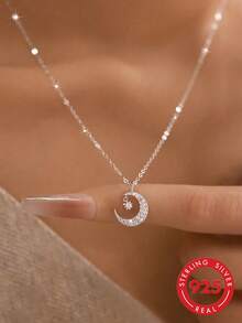 1pc S925 Sterling Silver Luxury Cool-Tone Full Rhinestone Crescent Moon & 8-Point Star Pendant Necklace, Dreamy Romantic Elegant Niche Exquisite Personalized Neck Accessory For Women, Suitable For Date, Vacation Or Daily Wear, Holiday Fashion Gift - Stars and Moon - View 1