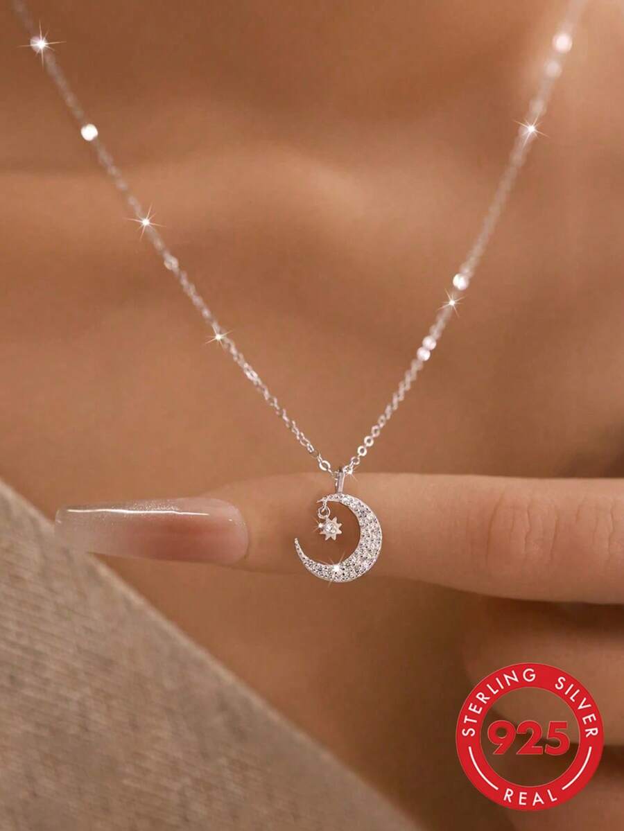 1pc S925 Sterling Silver Luxury Cool-Tone Full Rhinestone Crescent Moon & 8-Point Star Pendant Necklace, Dreamy Romantic Elegant Niche Exquisite Personalized Neck Accessory For Women, Suitable For Date, Vacation Or Daily Wear, Holiday Fashion Gift - Stars and Moon - View 1