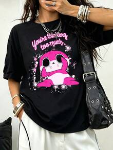 Pink Anime Rabbit 100% Cotton You're Thinking Too Much Splash Paint Cute Cartoon Casual T-Shirt - Black - View 1