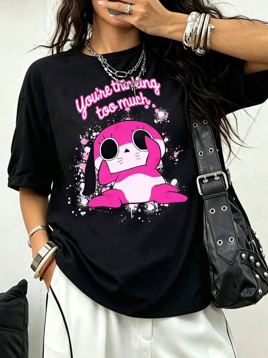 Pink Anime Rabbit 100% Cotton You're Thinking Too Much Splash Paint Cute Cartoon Casual T-Shirt - Black - View 1