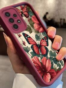 1pc Vintage Red Flower & Butterfly Pattern Phone Case With Burgundy Rice-Grain Texture, Burgundy Leather Frame Shockproof Soft TPU Protective Cover, Compatible With GALAXY, HONOR, Phones - Burgundy - View 2