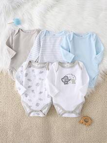 DILAVEL 5PCS Autumn And Winter New Baby Long Sleeved Bodysuit Suitable For Babies, Cute Cartoon Elephant Embroidery Pattern,Cotton Soft And Skin Friendly Fit - Multicolor - View 7