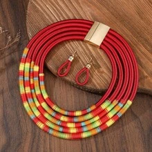 歐美非裔跨境波希米亞風誇張多層彩色纏繞項鍊 - 紅色 - 查看 5