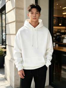 Minimalist Studio| Men's Solid Color Drop-Shoulder Long-Sleeve Drawstring Pocket Casual Hoodie,Autumn And Winter,Back-To-School Season - 白色 - 查看 1
