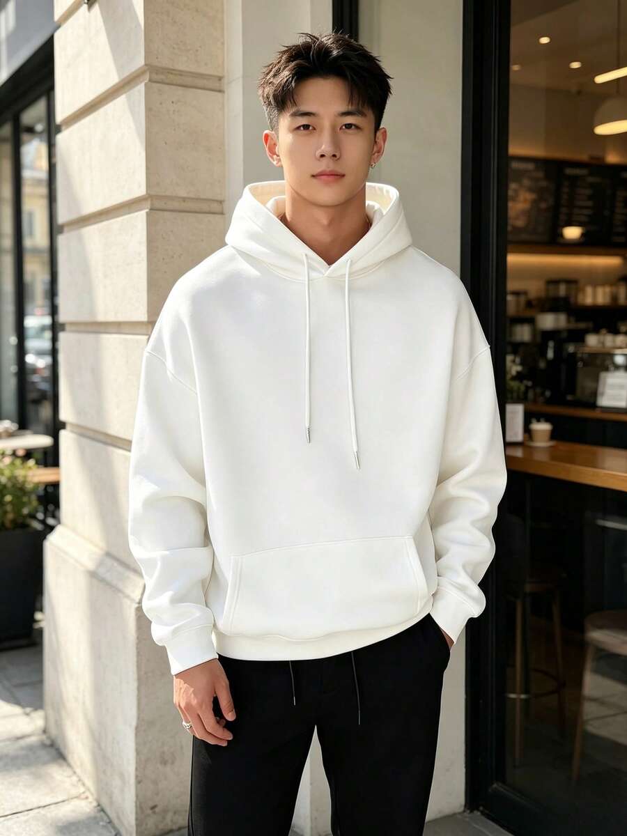 Minimalist Studio| Men's Solid Color Drop-Shoulder Long-Sleeve Drawstring Pocket Casual Hoodie,Autumn And Winter,Back-To-School Season - 白色 - 查看 1