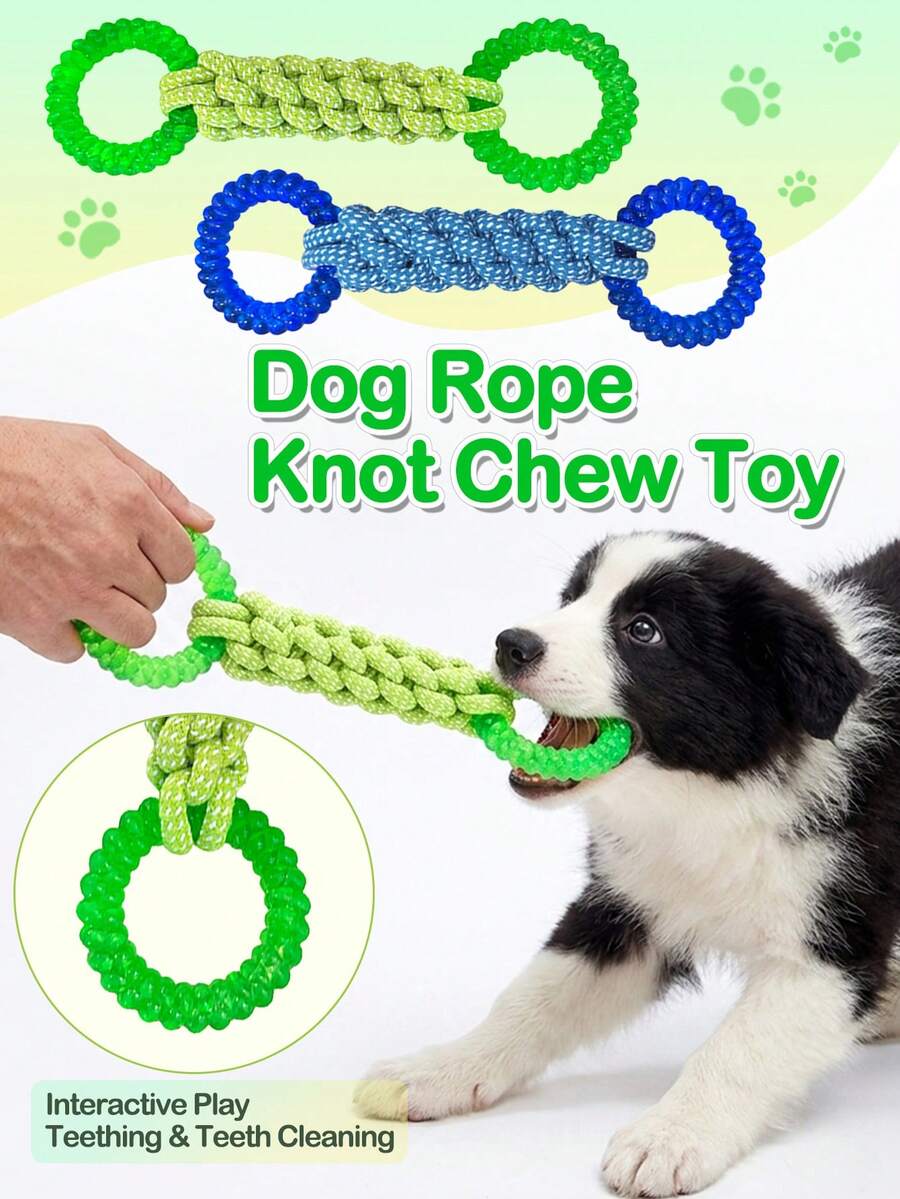 1件綠色繩結拉扯玩具,適用於小型與中型犬,牙齒清潔與磨牙,互動式拔河訓練,寵物玩具可緩解無聊並防止破壞行為 - 彩色 - 查看 1