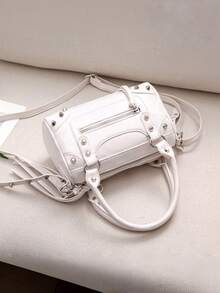 Fashionable Green Patchwork Rivet Motorcycle Bag With Adjustable Strap, Retro Sweet Cool Style Women's Crossbody Handbag For Daily Outings - White - View 7