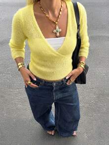 Chic Women's V-Neck Wrap Knit Top With Three Quarter Flare Sleeves Fuzzy Rib-Knit Regular Length Semi-Sheer Slight Stretch For Fall Fashion - Yellow - View 4