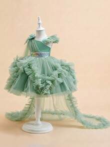 Tween Girl Sequin Decorated Asymmetrical Shoulder Bow Puff Cake Train Dress For Wedding Birthday Occasions All Season - Mint Green - View 5