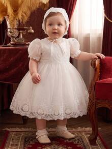 Newborn/Baby Girls' High-End Embroidered Tulle Dress, Suitable For Wedding, Birthday Party, Special Occasions - White - View 3