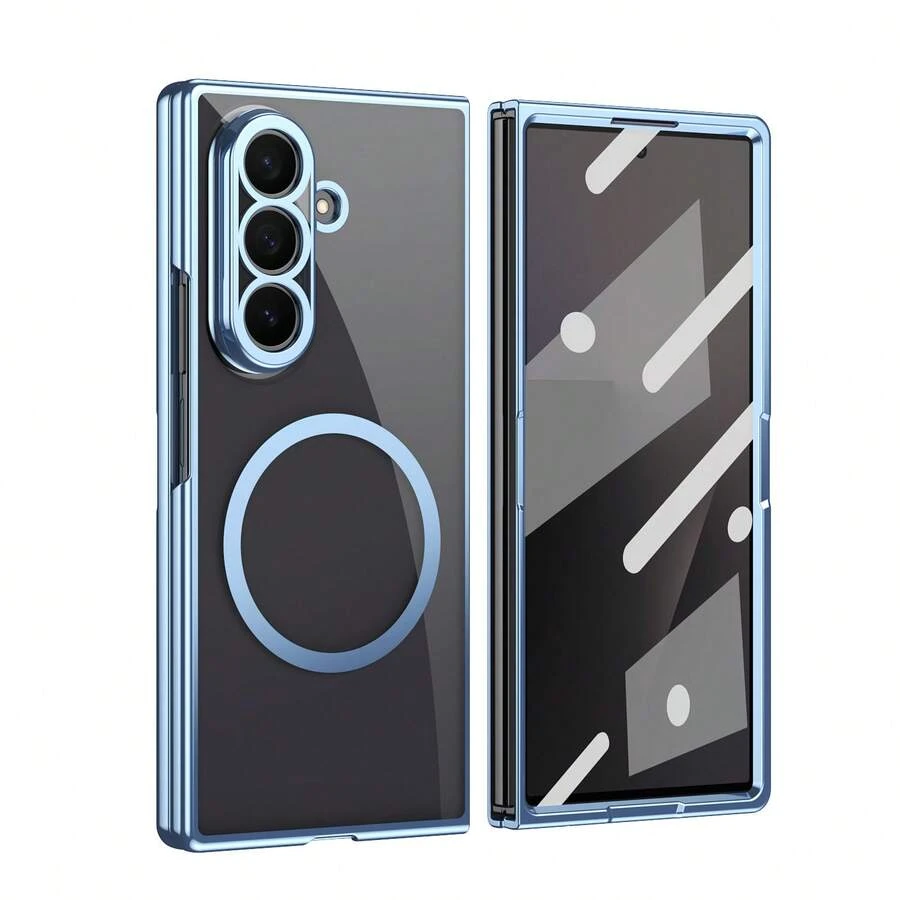 VIETAO 電鍍透明磁吸無線充電手機殼,適用於 Galaxy Z Fold 8 Ultra 7 6 5 4,時尚薄型手機保護殼,相容 iPhone Duo,附強化玻璃螢幕保護貼 - 藍色 - 查看 1