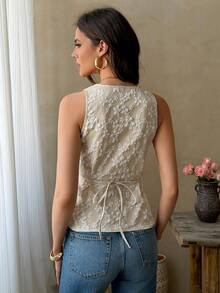 Women Summer Fall Beige Floral Embroidery Sleeveless Vest Top, Back To School, Daily Wear & Going Out - Khaki - View 5