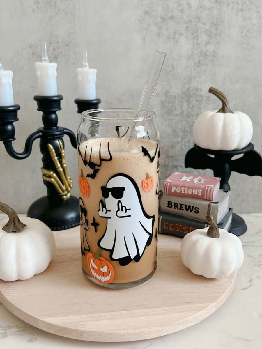 Funny Ghost Transparent Glass Straw Cup, Can-Shaped Iced Cola Straw Cup, Coffee Straw Cup, Milk Tea Beverage Straw Cup - Best Choice For Halloween Gift! - Multicolor - View 1