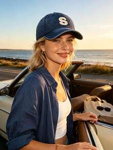 1pc Vintage Washed Distressed Baseball Dad Hat, A-Z 26 Letter Print, Soft Adjustable UV Protection Sun Hat, Retro Casual Lightweight Outdoor Sports Cap - Navy Blue - View 3