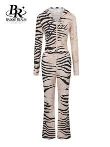 BADDIE REALM Women's Zebra Print Hooded Cropped Top And Pants Set, Sexy Casual Bohemian Style 2 Pieces Set With Zipper Detail, Medium Stretch Slim Fit - Multicolor - View 9