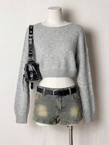 Women Deep V Back Long Sleeve Cropped Knit Sweater Drop Shoulder Ribbed Hem Loose Fit Backless Crop Jumper Casual Pullover - Grey - View 6