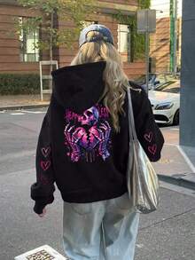 Sudadera con capucha de talla grande para mujer con estampado de calavera y corazón, bolsillo y cordón, casual, color negro, para primavera - Negro - Ver 11
