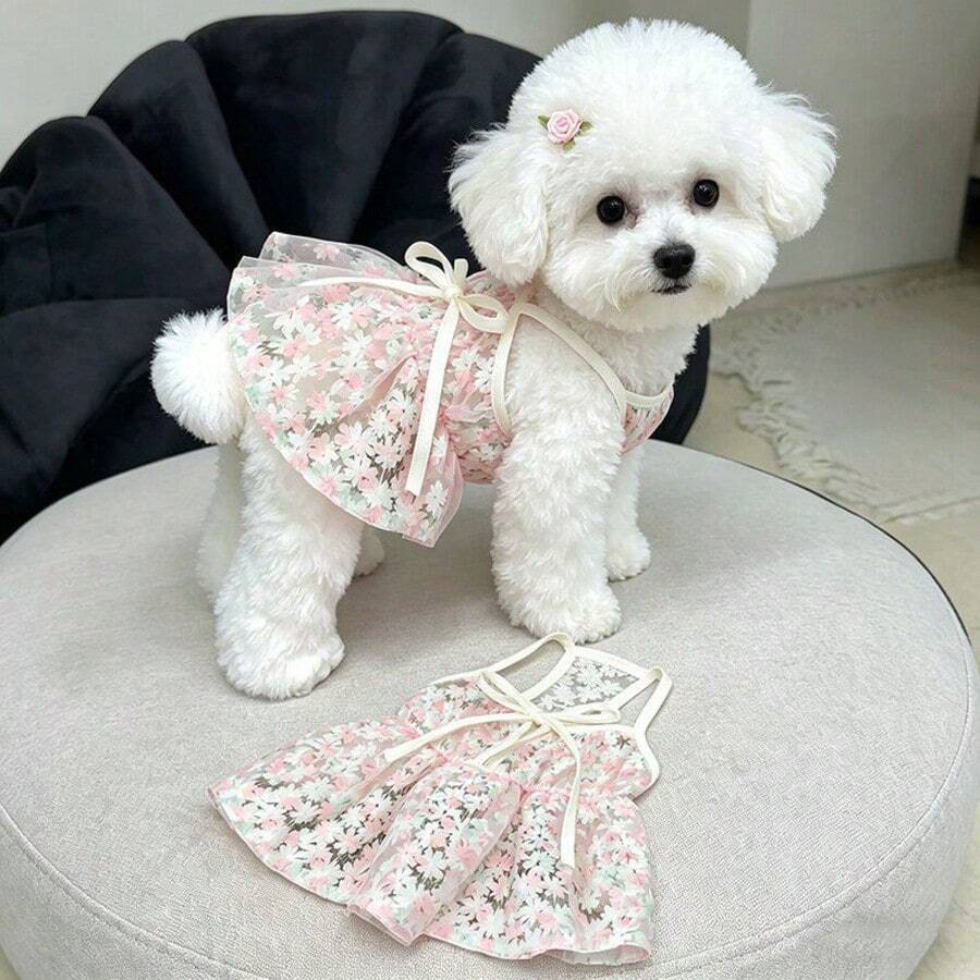 Bichon Dog Clothes Cherry Blossom Princess Dress Spaghetti Strap Dress Anti-Shedding For Small Puppies Teddy Yorkshire Terrier Maltese - Pink - View 1