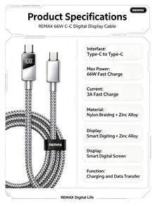 REMAX Kabel data Type-C dengan tampilan digital dan pengisian cepat 66W/3A, bodi kabel jalinan paduan seng, tampilan daya pengisian secara real-time, tahan lama dan tidak mudah kusut, kompatibel dengan kabel pengisian universal untuk ponsel, tablet, dan laptop. - Perak - View 4