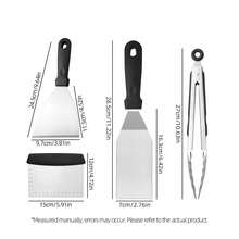 4pcs Stainless Steel Flat Top Grill Tool Set, Spatula, Scraper And Tongs Combination; Non-Slip Heat-Resistant Handle BBQ Cooking Accessories, Suitable For Grilling, Flipping, Mashing Ingredients, Perfect For Outdoor BBQ, Camping And Backyard Use - Non-Stick Griddle Cooking Tools, Griddle Scraper With Measurement - - - View 10