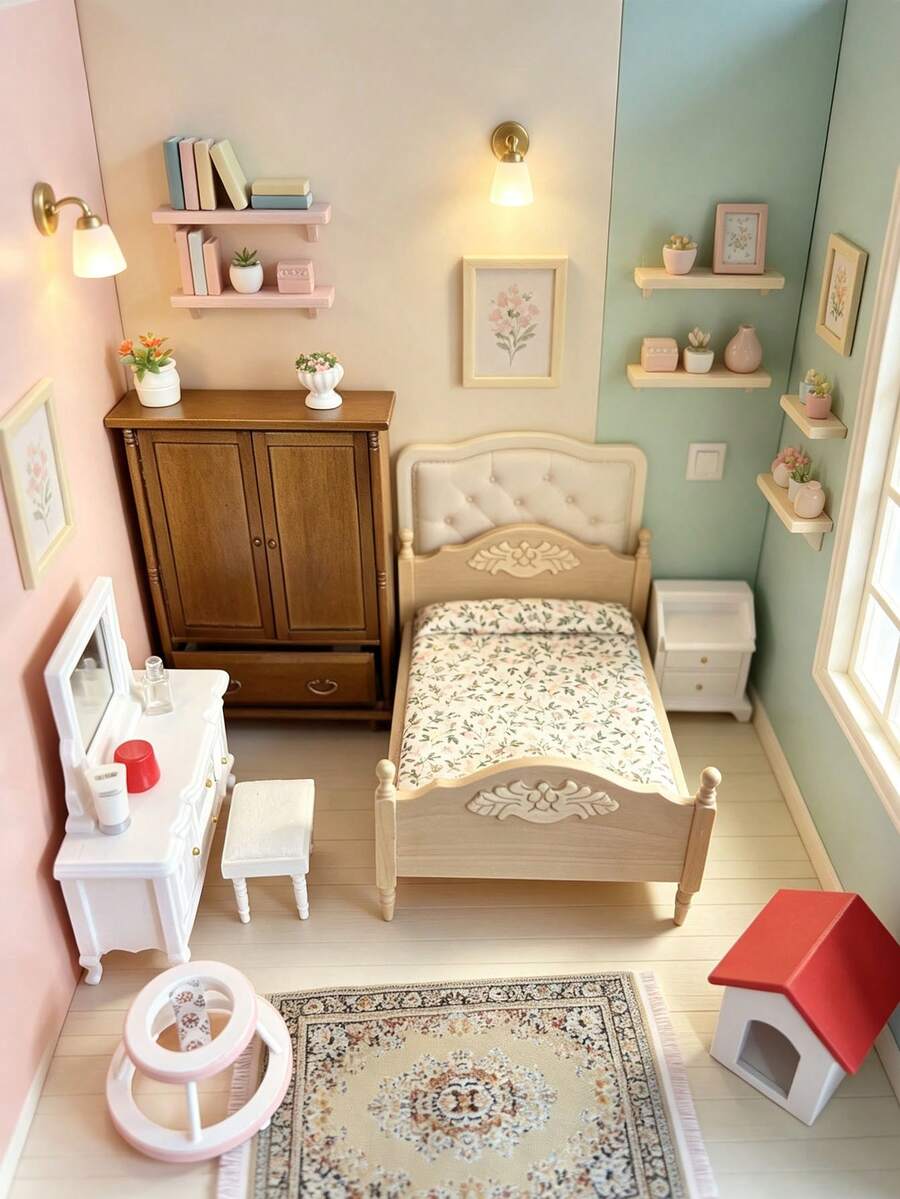 1 Set 16.8cm 1:12 Dollhouse Miniature Vintage Pastoral Bedroom Full Set Combination, Belonging To Bedroom Rest And Storage Dollhouse Furniture; Free Planning Layout With Rich Atmosphere And Interesting Scenery, Suitable For Adult Women's Collection, Creating Integrated Bedroom Real Scene, Bedroom Full Set Interior Decoration, Creative Display Window Theme Exhibition, Desktop Atmosphere Panoramic Art Decoration - Multicolor - View 1