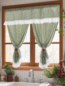 1pc Green Plaid Layered Curtain Set With Lace Ruffle Valance, Rod Pocket Farmhouse Style Cafe Curtains, Sheer Semi-Transparent For Kitchen Bathroom Small Window Decor - Green - View 5
