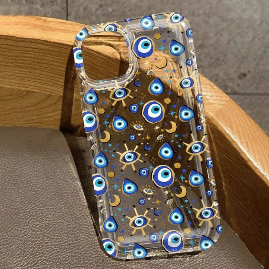 Evil Eye Beaded Pattern Printed Transparent Phone Case, Fruit Floral Lucky Charm Pattern Printed Anti-Drop Protective Cover Compatible With IPhone 13/11/17/17pro, Compatible With Samsung Galaxy/A54/A14/A12/A13 Waterproof Anti-Drop Anti-Scratch Durable Summer Gift Party - Multicolor - View 1