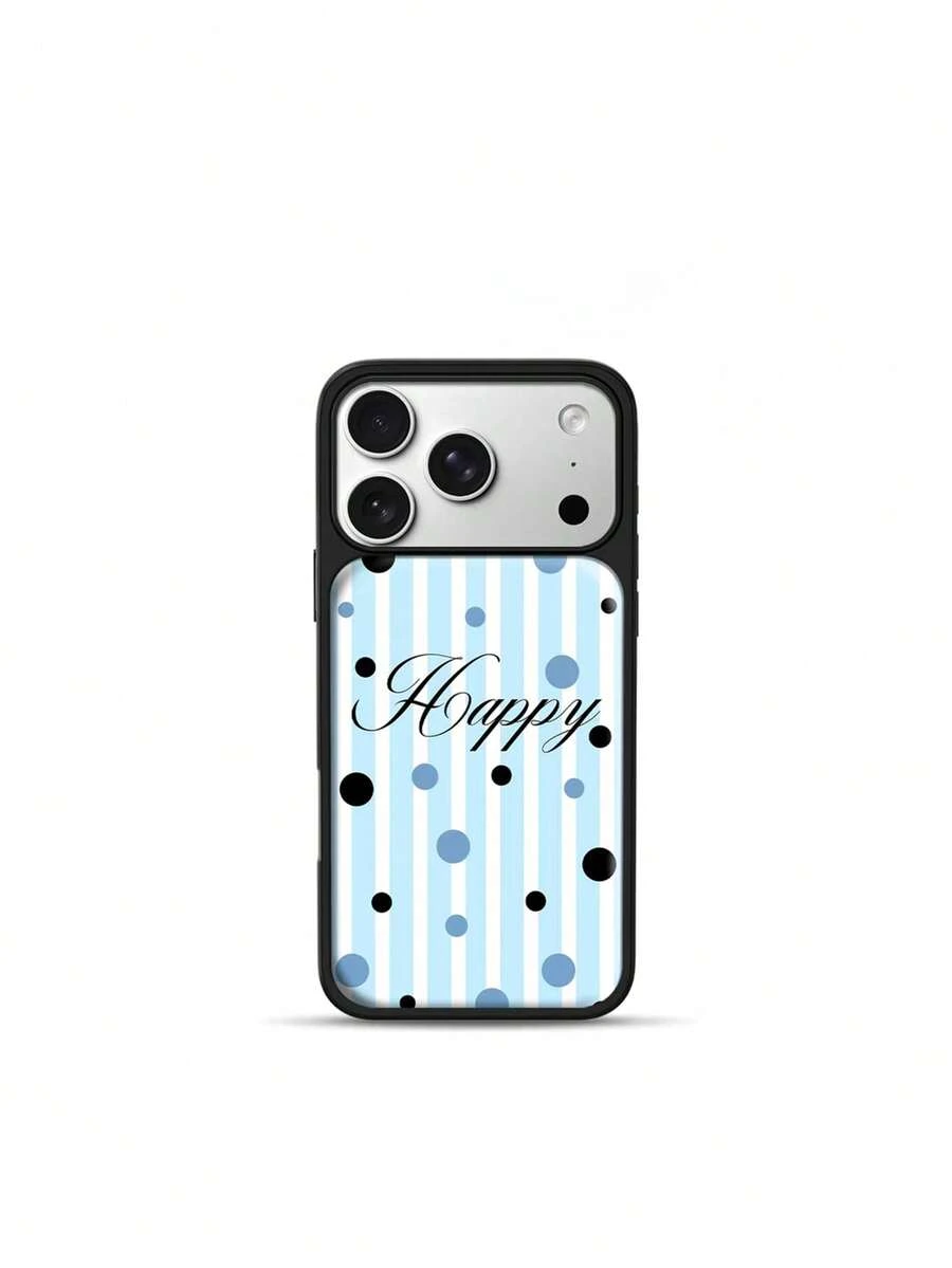 Personalized Blue Striped Large & Small Polka Dot Random Dot Letter "HAPPY" Black Frame Phone Case - Compatible With Phone 17 Pro Max, 17 Pro, 17, 16 Pro Max, 16 Pro, 16, 15 Pro Max, 15 Pro, 14 Pro Max, 14 Pro, 14, 13 Pro Max, 13 Pro, 13, 12 Pro Max, 11, Phone Protective Cover - Multicolor - View 1