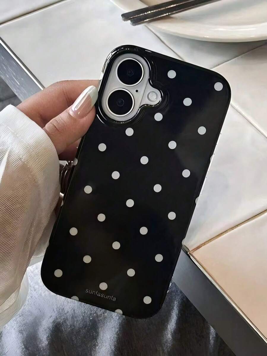 極簡波點薄荷綠軟手機殼,適用於 iPhone 17 16 15 14 13 Pro Max,夏季風格防震輕量手機殼,粉色手機殼 - 黑色 - 查看 1