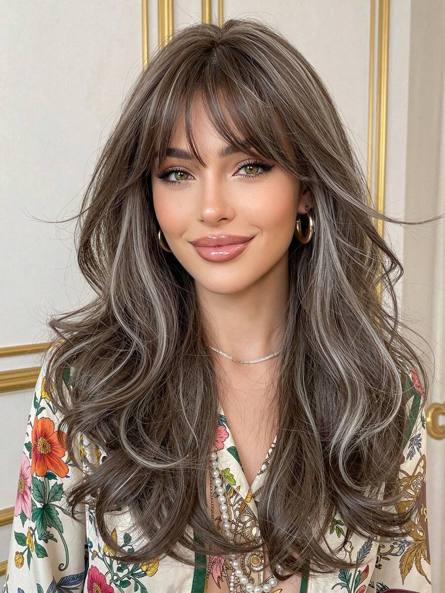 22 Inch Long Curly Bangs Wig, Natural Soft Synthetic Fiber Replacement Wig, Suitable For Women's Daily And Party Use - White Highlight - View 1