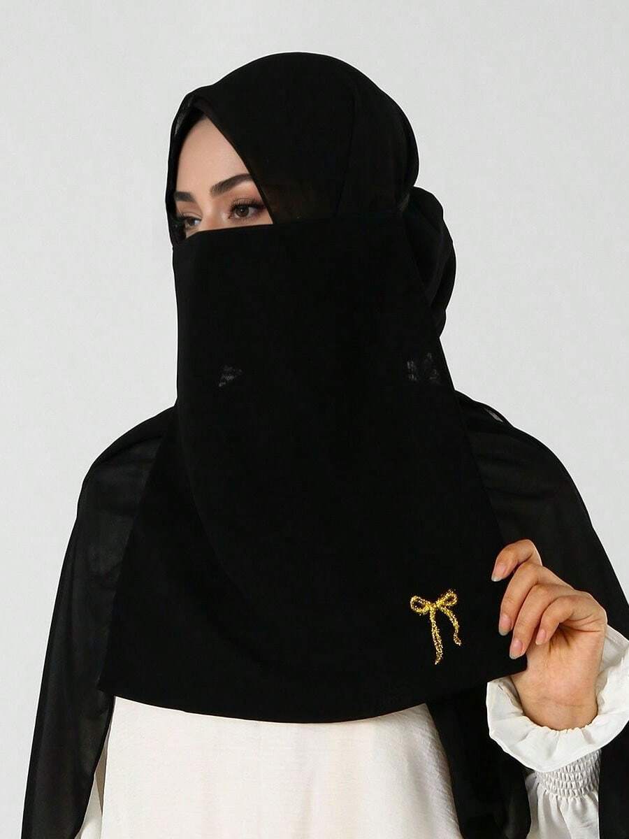 1 Stück Damen einfarbiger gold-gesprenkelter elastischer Niqab, leichter und atmungsaktiver Gesichtsschleier, einfach zu tragen, geeignet für muslimische Kombination mit Hijab und Abaya, bequem für langes Tragen, leicht und atmungsaktiv, Schulanfang - einfarbig - Übersicht 1