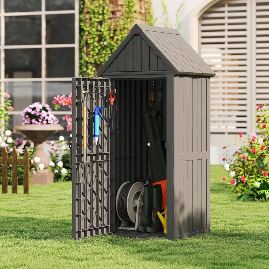 Vertical Waterproof Resin Outdoor Storage Cabinet Deck Box Shed With Removable Shelves, 12 Side Hooks & Lock Ring, Outdoor Storage Organizer For Garden Patio Pool Backyard, Grey - Grey - View 1