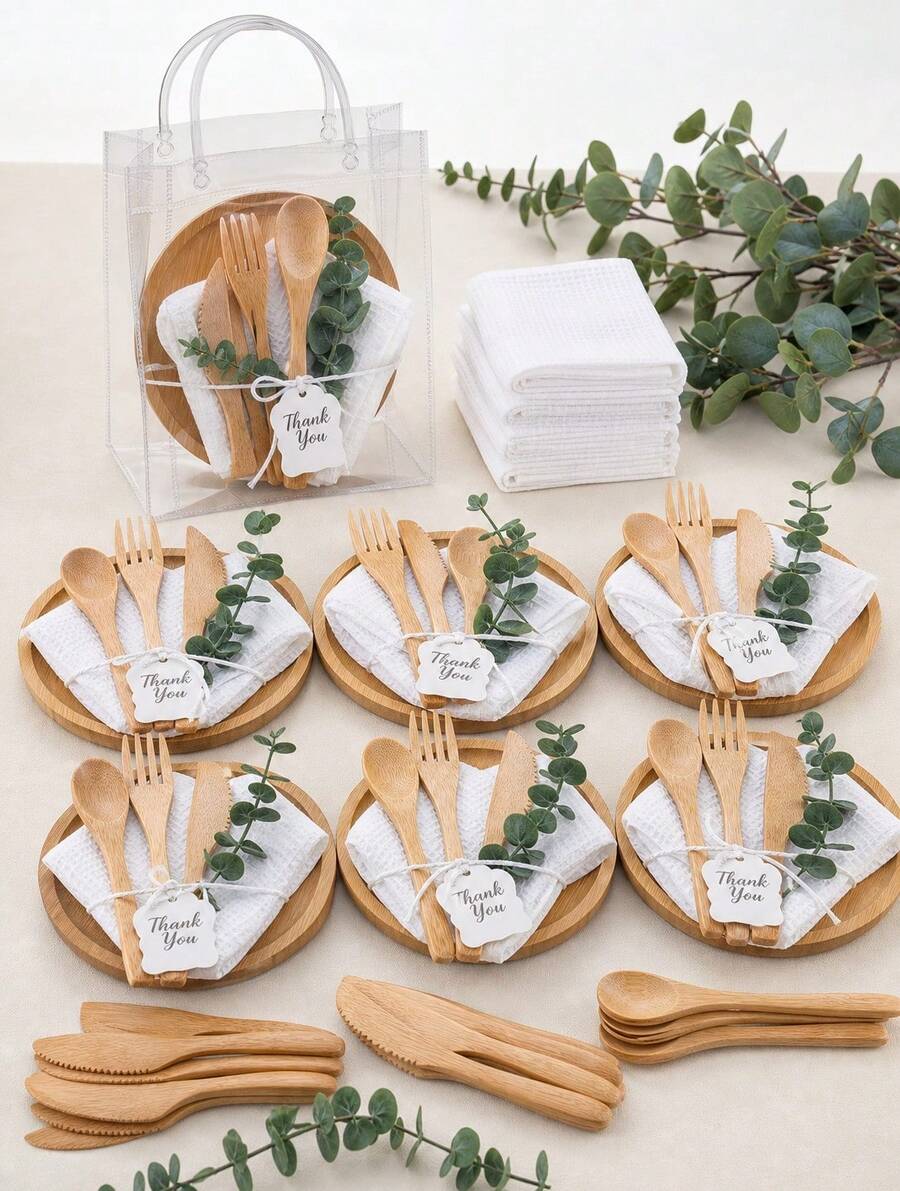 55Pcs Gift Sets 6 Sets Bamboo Charcuterie Board Spoon Butter Knife Fork Towel Artificial Eucalyptus Clear Gift Bag Thank You Tag Gender Reveal Newborn Party Guest Favors - View 1