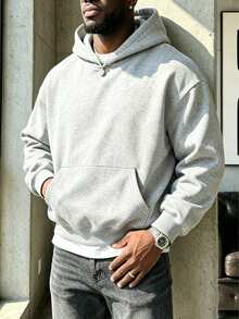 Men's Solid Color Drop Shoulder Long Sleeve Casual Pocket Hoodie, Autumn/Winter - Light Grey - View 5