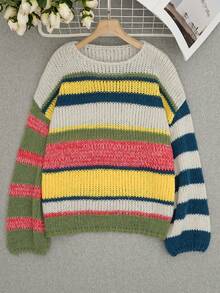 Indie Sleaze Colorful Stripe Crew Neck Oversized Chunky Knit Sweater, Long Sleeve Drop Shoulder Loose Pullover Top Shop Back To School - Multicolor - View 4