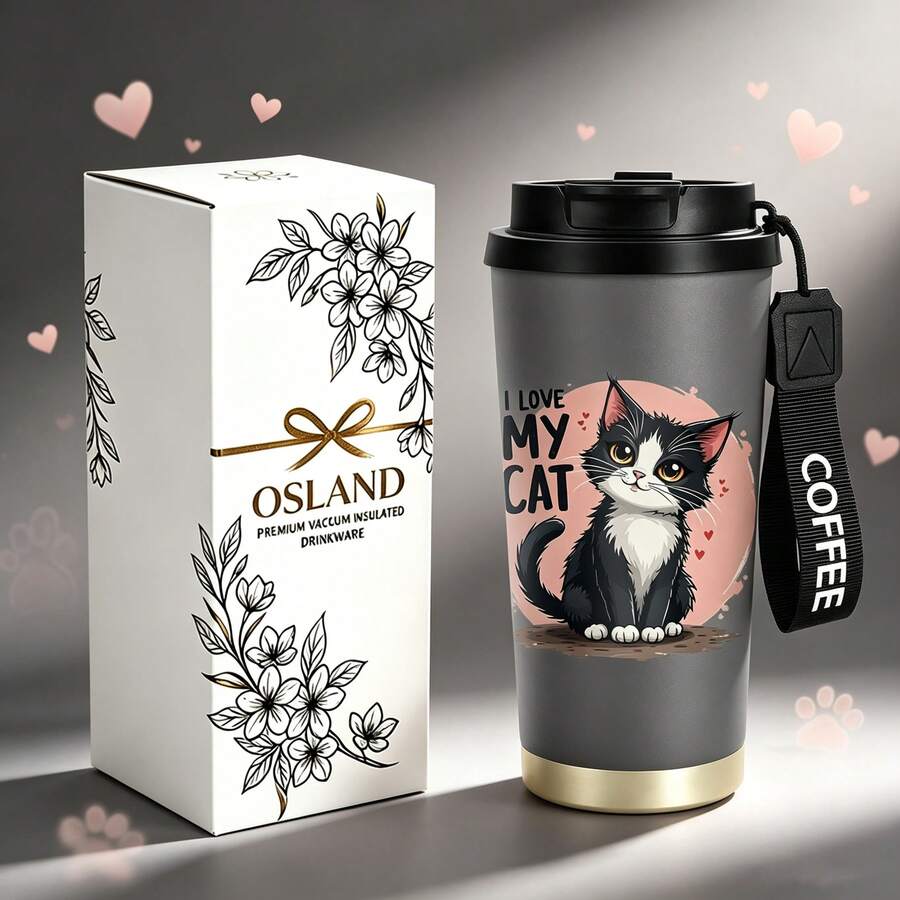 1/5pcs 18oz Stainless Steel Coffee Tumbler, Matte Grey I LOVE MY CAT Fluffy Black White Cat Cute Print Travel Mug, Multi-Function Flip Straw Lid, Black COFFEE Lanyard Strap, Ideal Gift For Cat Lovers Pet Owners Girls, Suitable For Home Travel Office - Kitten - View 1